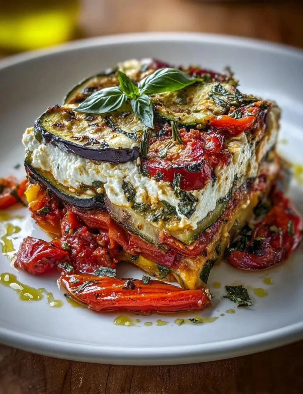 Layered Mediterranean Vegetable Lasagna with fresh vegetables and cheese
