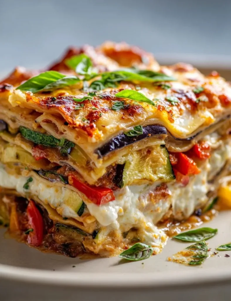 Layered Mediterranean vegetable lasagna with creamy ricotta and fresh vegetables