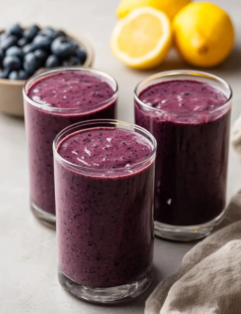 Creamy lemon blueberry avocado smoothie in a glass with fresh berries.
