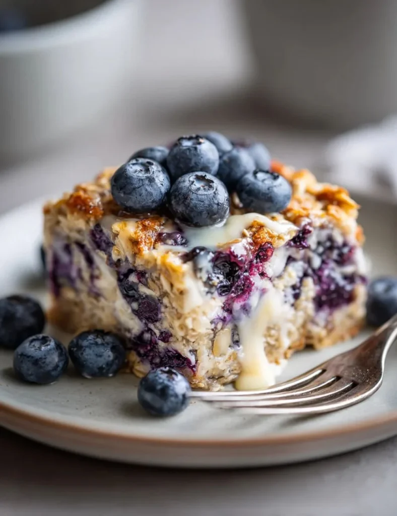 Lemon Blueberry Cream Cheese Baked Oatmeal served in a bowl with fresh berries.
