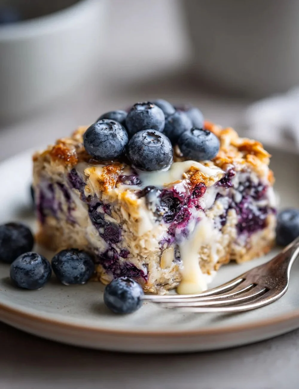 Lemon Blueberry Cream Cheese Baked Oatmeal served in a bowl with fresh berries.