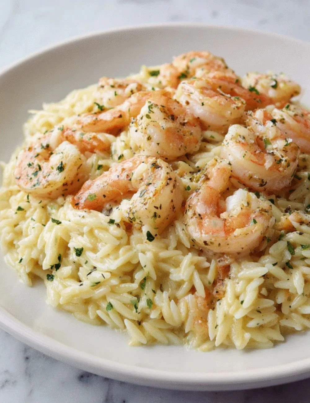 Lemon Butter Garlic Shrimp Orzo served in a bowl with fresh herbs