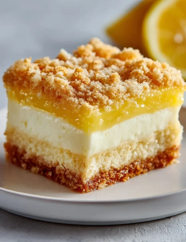 Lemon Cream Cheese Dump Cake topped with a light lemon glaze