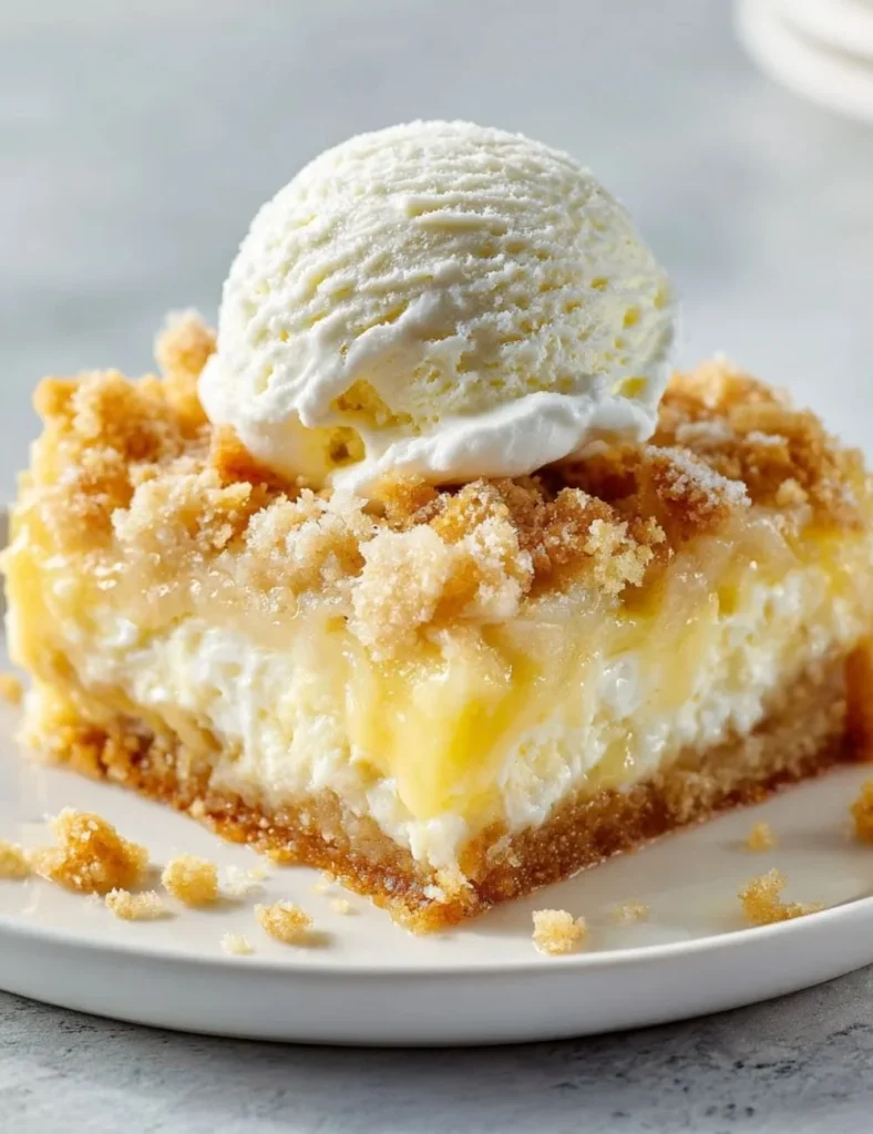 Delicious Lemon Cream Cheese Dump Cake served on a plate with lemon slices