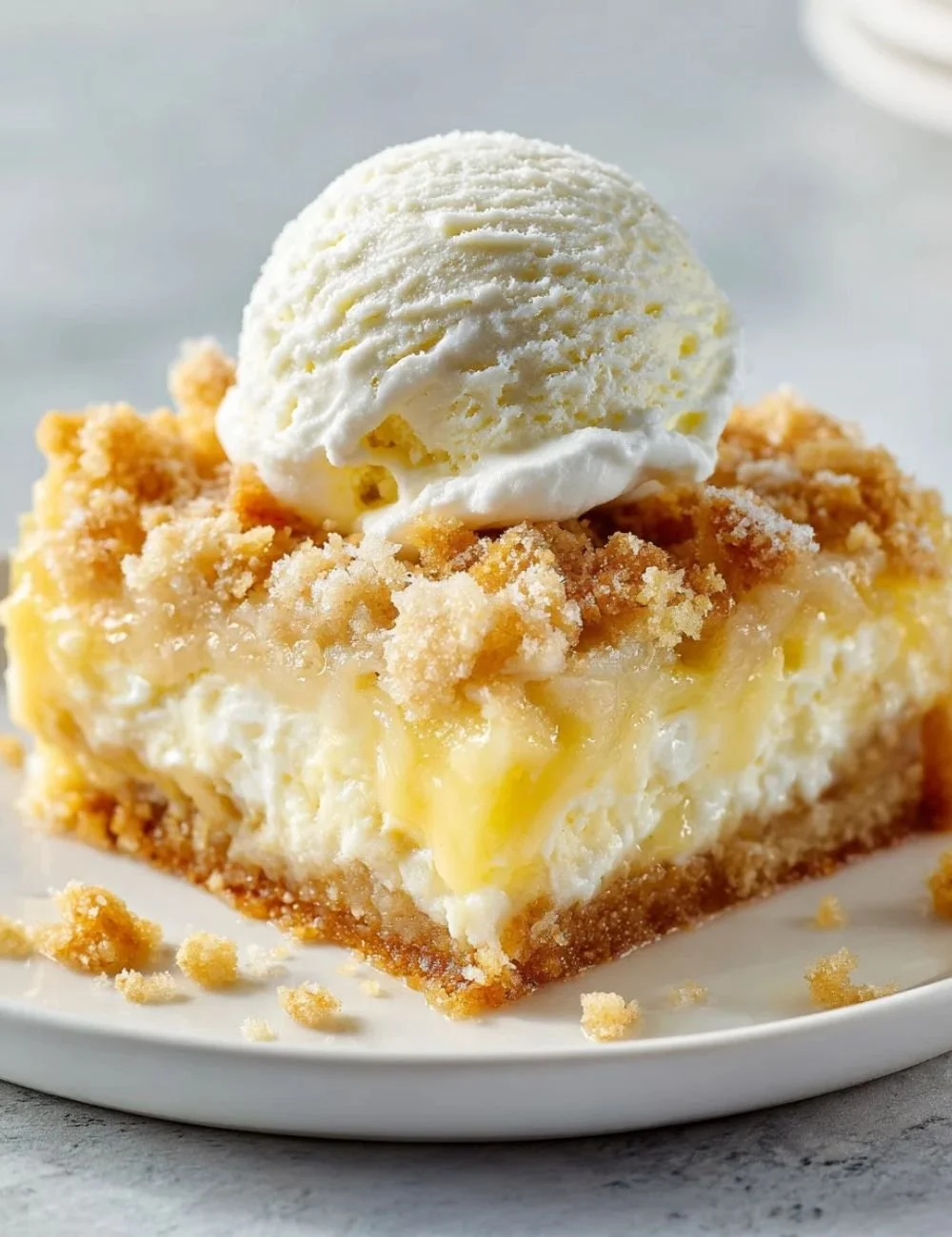 Delicious Lemon Cream Cheese Dump Cake served on a plate with lemon slices