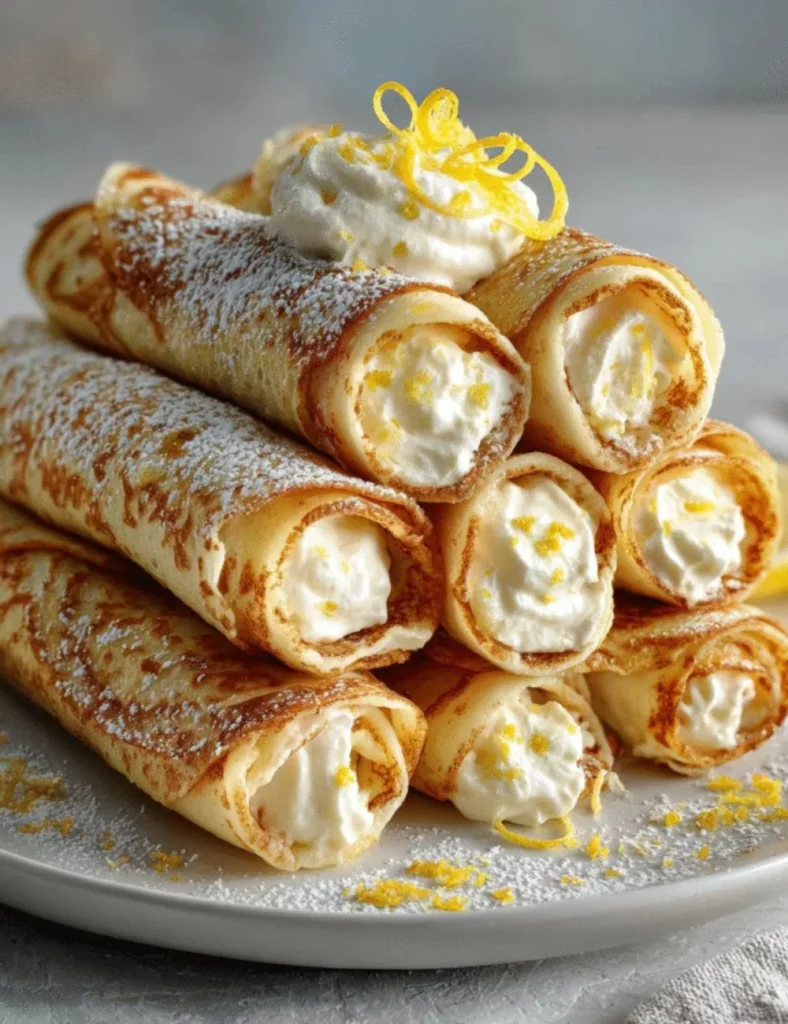 Lemon cream cheese stuffed pancake rolls served on a plate