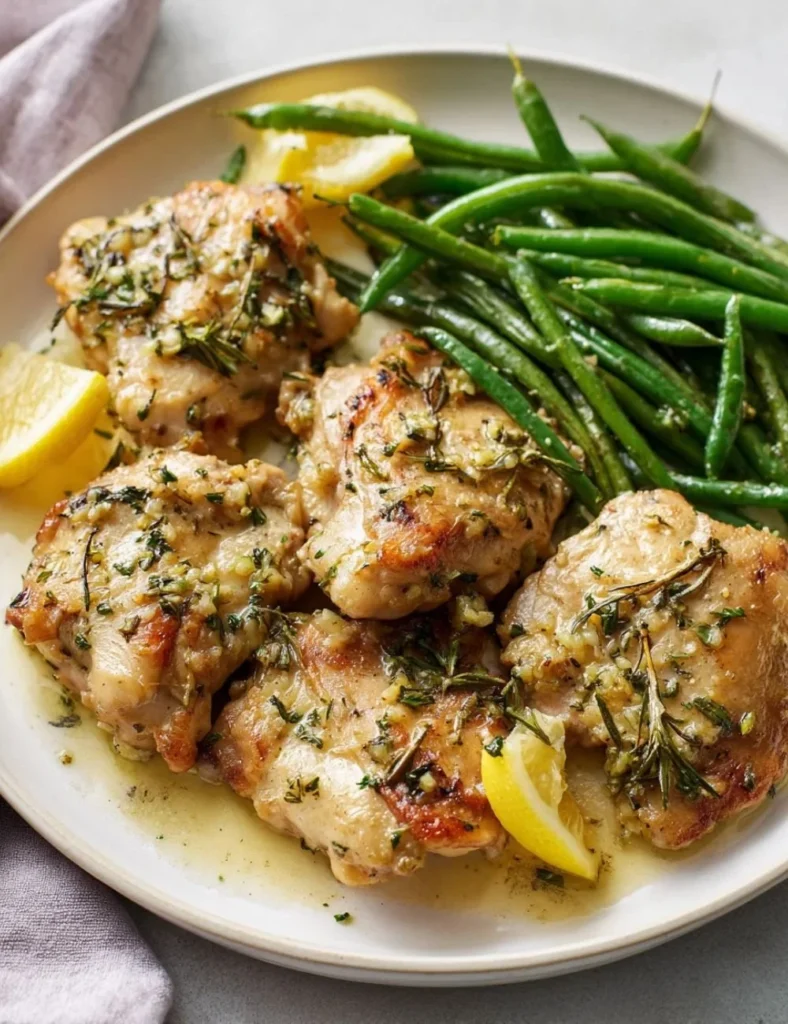 Lemon Garlic Butter Chicken served with green beans in a skillet