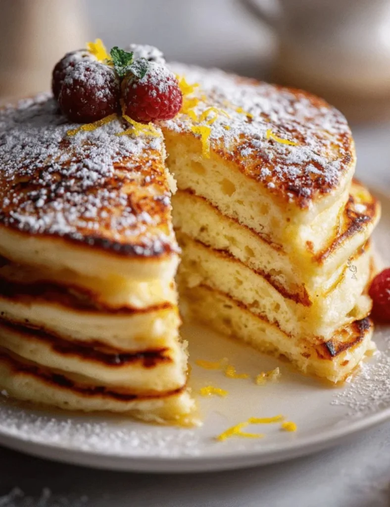 Delicious Lemon Ricotta Pancakes served with fresh berries and syrup
