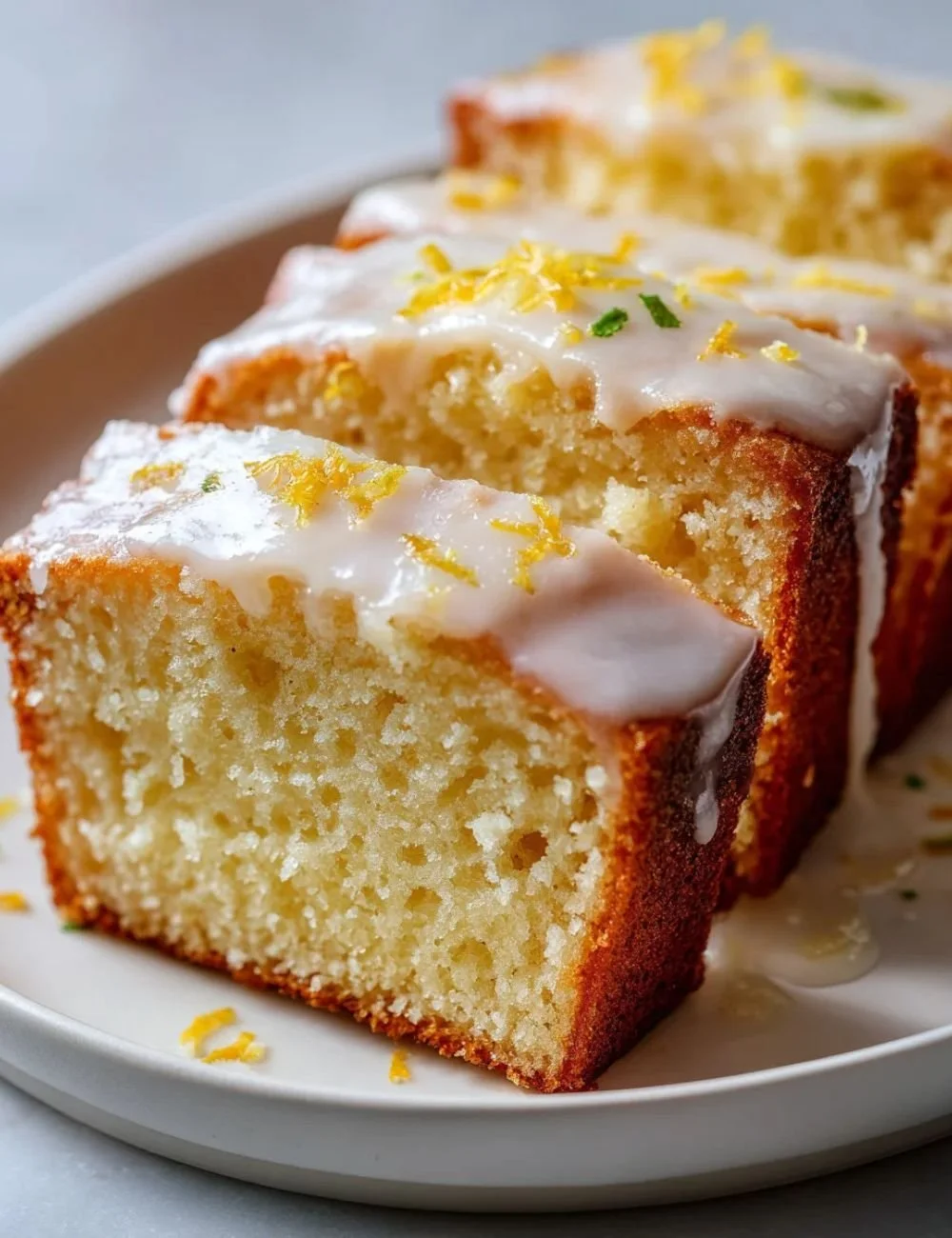 Lemon yogurt cake ciambella served on a rustic table with slices cut.