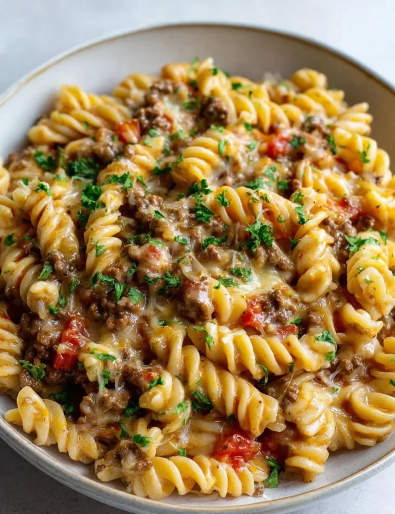 Loaded cheeseburger Alfredo pasta topped with cheese and herbs