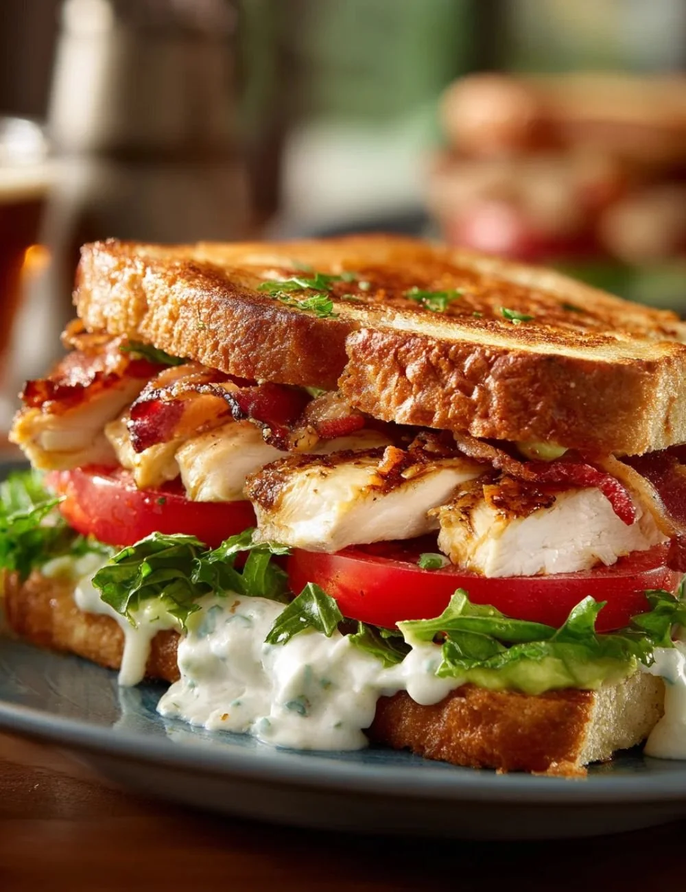 Loaded Chicken Club Sandwich with crispy chicken, bacon, and fresh veggies