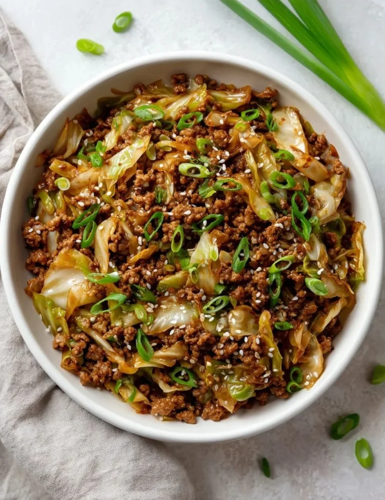 Low Carb Mongolian Ground Beef Cabbage dish served on a plate