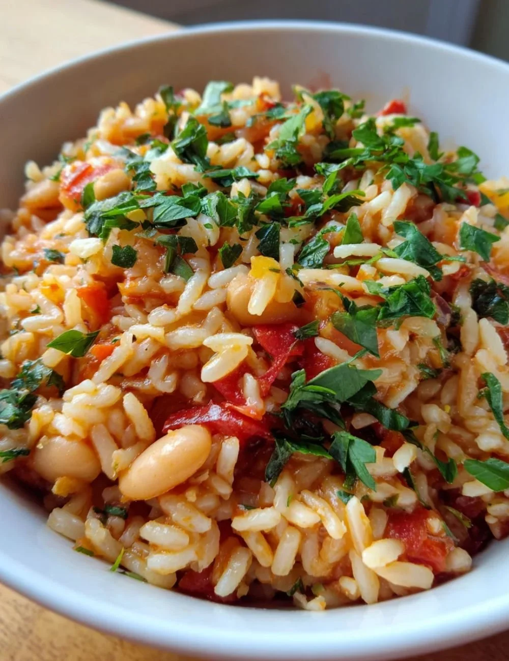 Colorful bowl of Mediterranean Rice and Beans garnished with herbs.