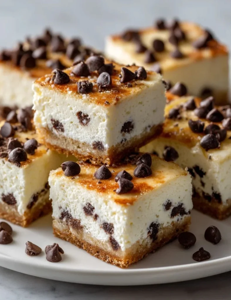 Melt-in-your-mouth cannoli bars topped with chocolate chips and powdered sugar