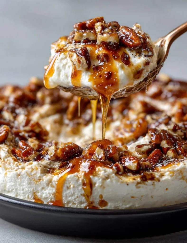 Delicious and creamy pecan pie dip in a serving bowl with pecans on top