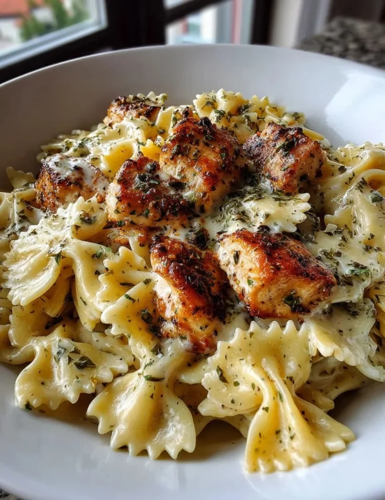 Mozzarella Garlic Butter Chicken with bowties in cheesy cream sauce
