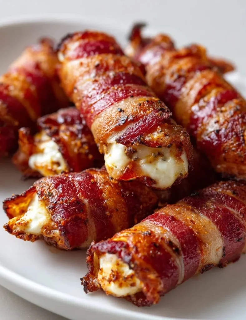Nashville hot beef bacon mozzarella sticks served on a plate with dipping sauce.