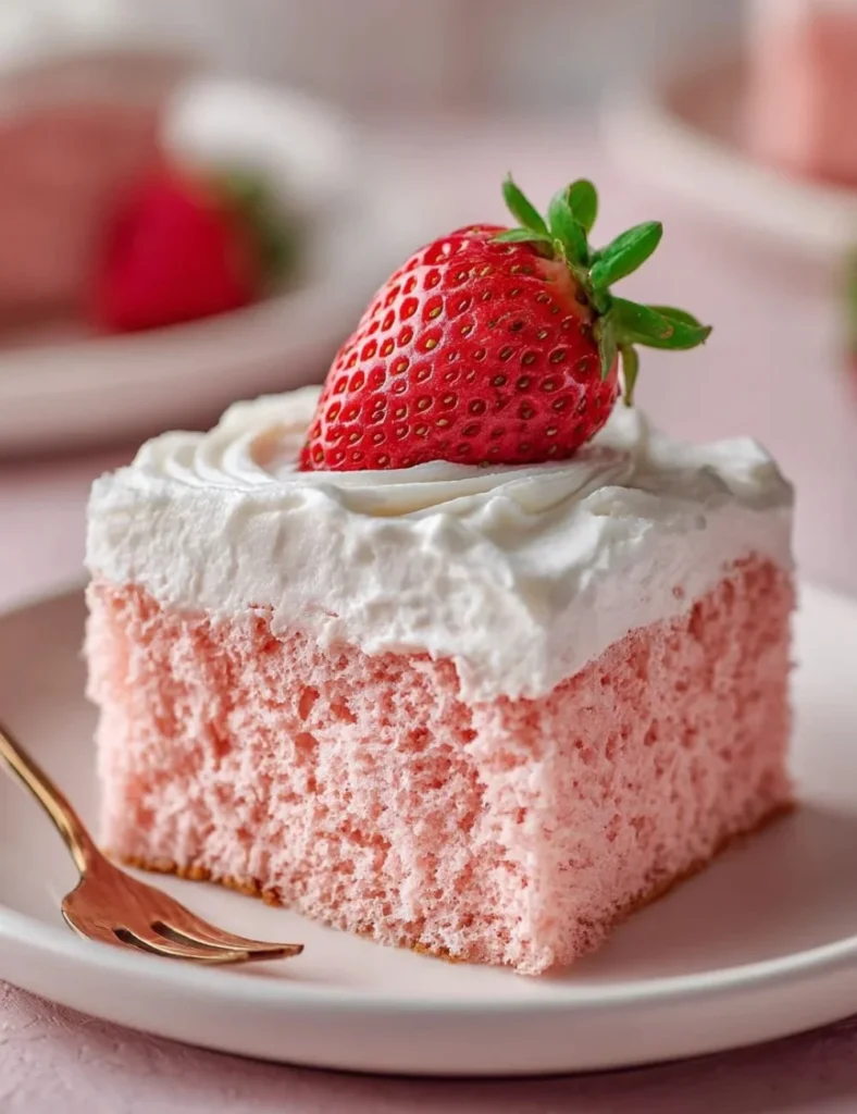 No bake strawberry cloud cake topped with fresh strawberries and whipped cream