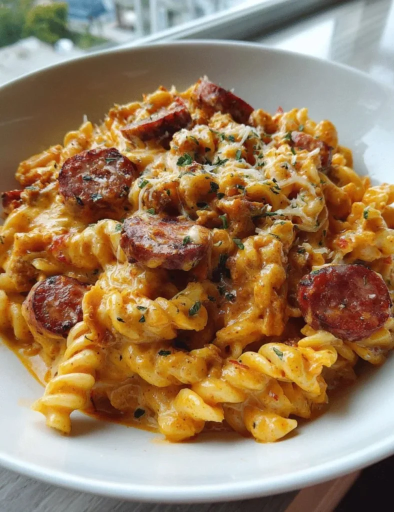 Delicious one-pot creamy Cajun sausage pasta garnished with parsley