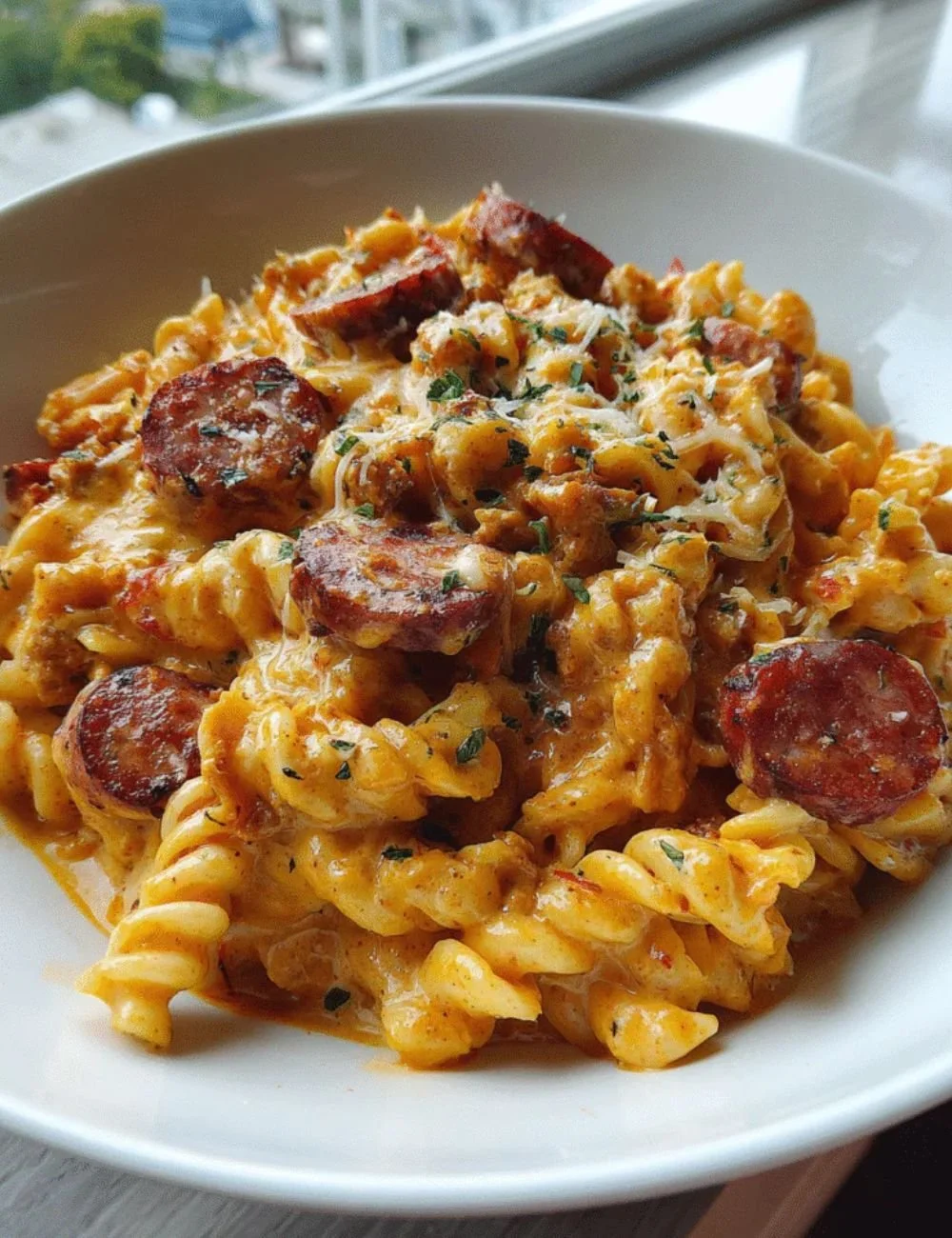 Delicious one-pot creamy Cajun sausage pasta garnished with parsley