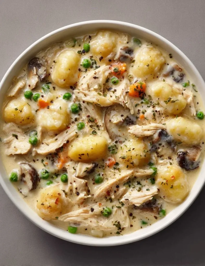 One Pot Gnocchi Chicken Pot Pie with crispy topping and creamy filling