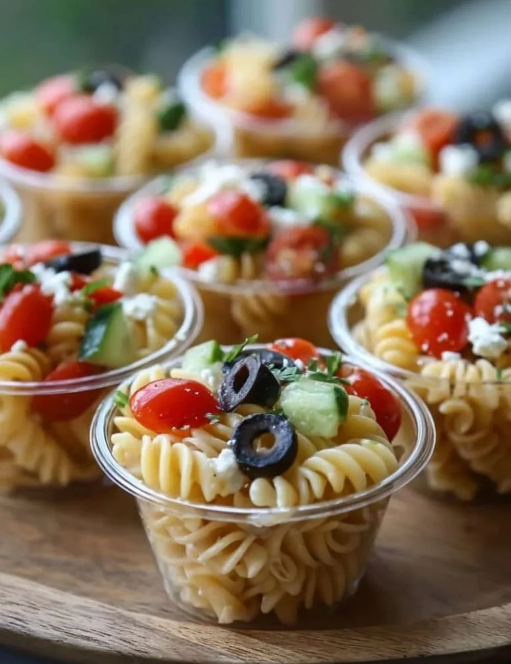 Colorful pasta salad cups filled with fresh vegetables and dressing