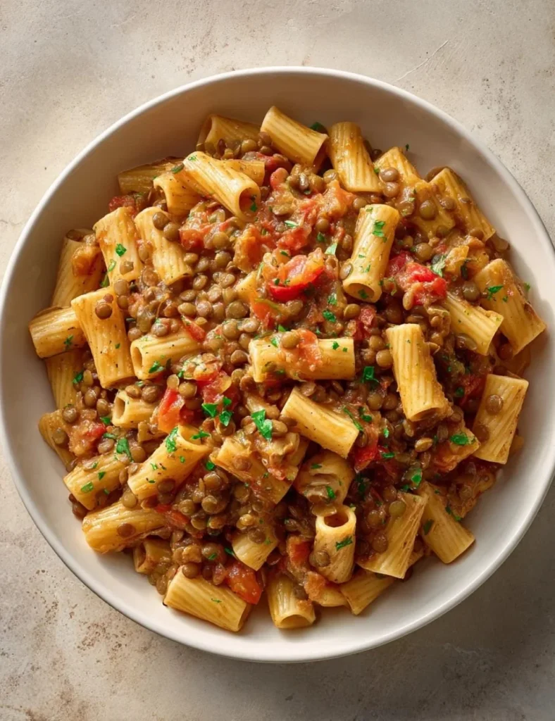 Delicious pasta with lentils served in a bowl with herbs