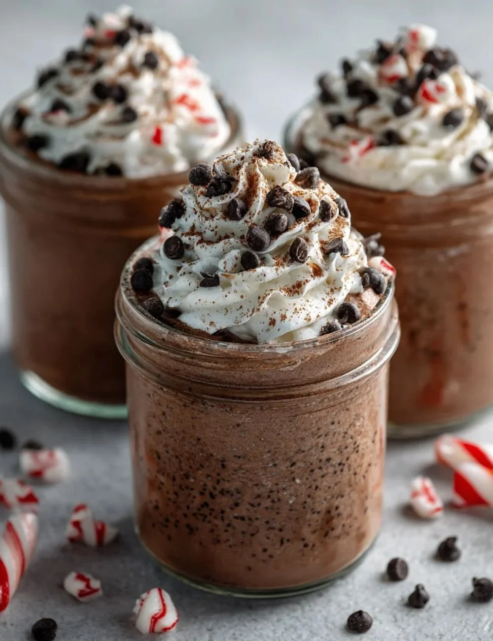 Peppermint chocolate whipped Greek yogurt topped with chocolate shavings and mint leaves.