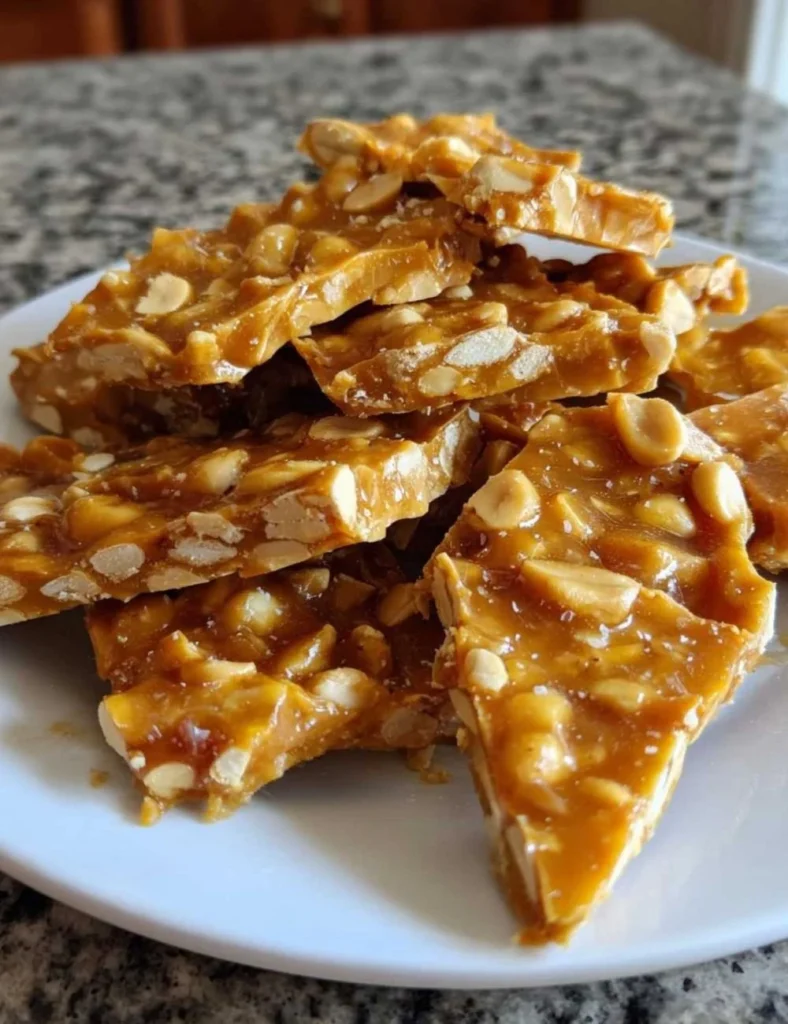 Delicious homemade peanut brittle on a wooden surface.