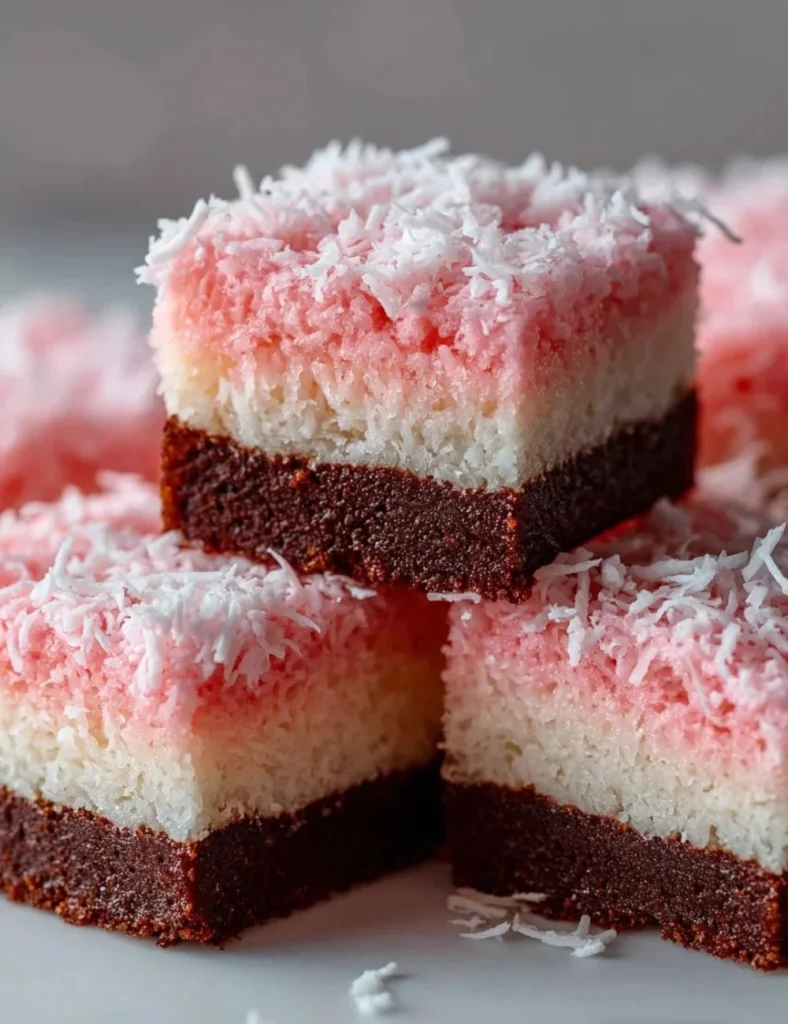 Pink Coconut Snowball Cake Bars topped with fluffy coconut frosting.