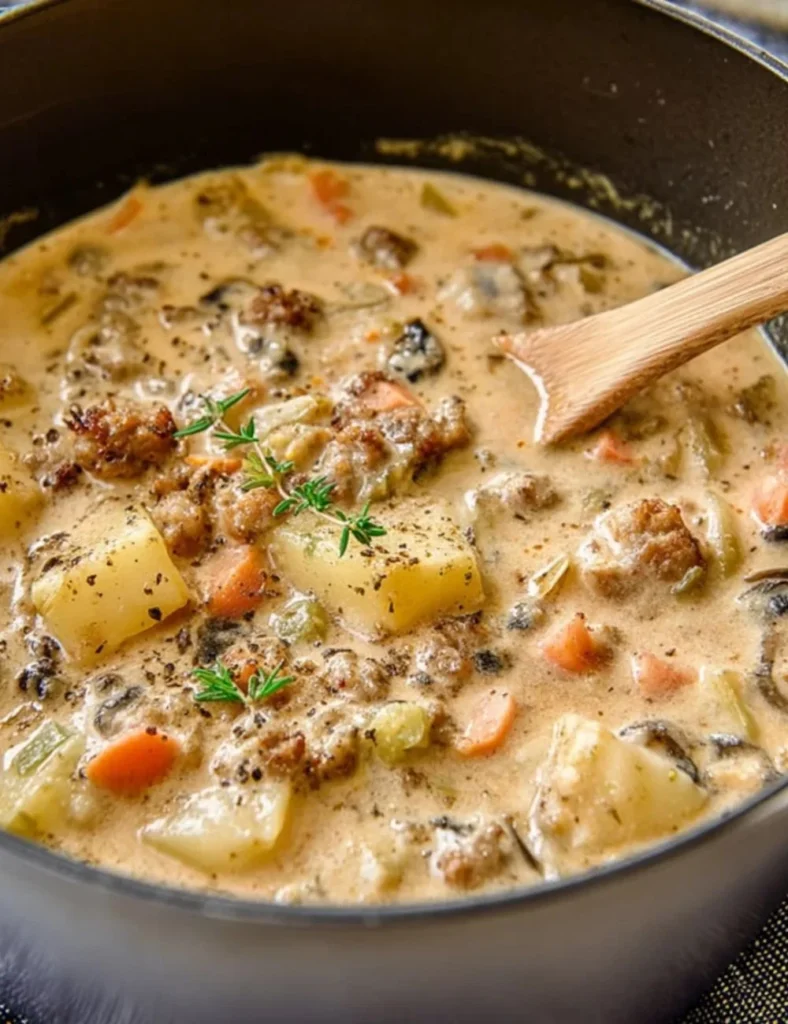 Bowl of potato and beef sausage chowder topped with herbs and served warm