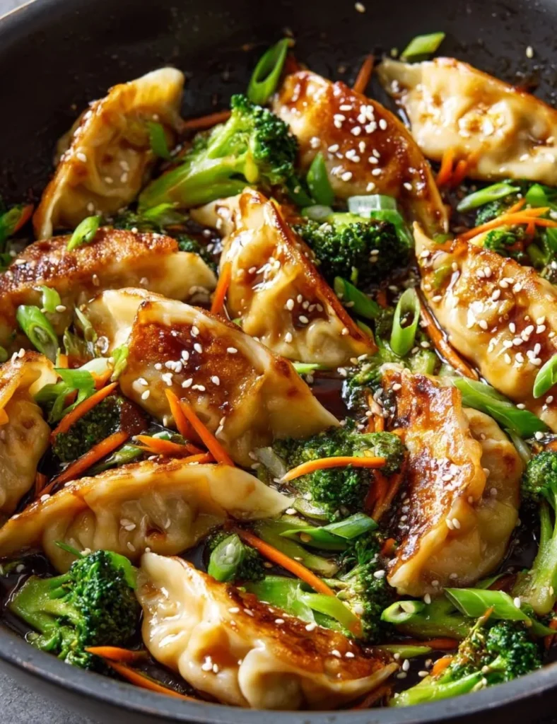 Delicious potsticker stir fry with colorful vegetables and savory sauce