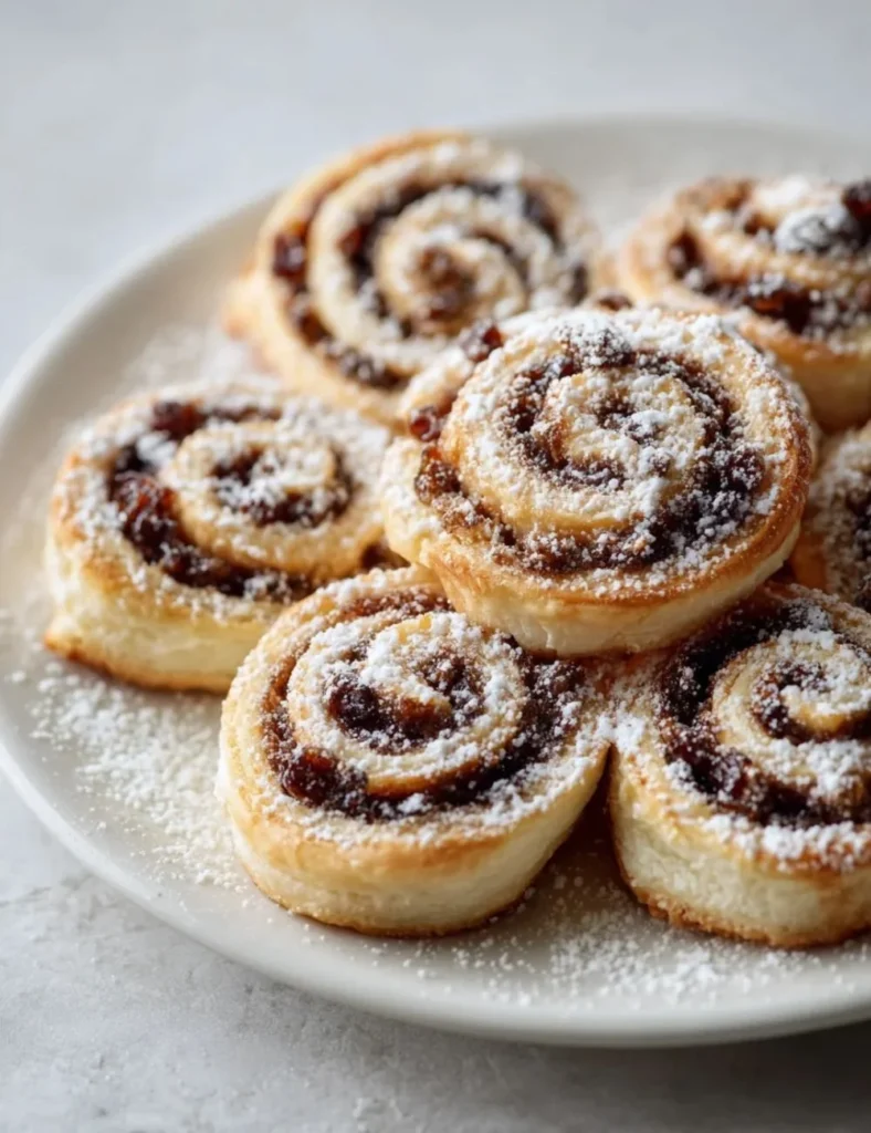 Puff pastry mincemeat pinwheels decorated for the holidays