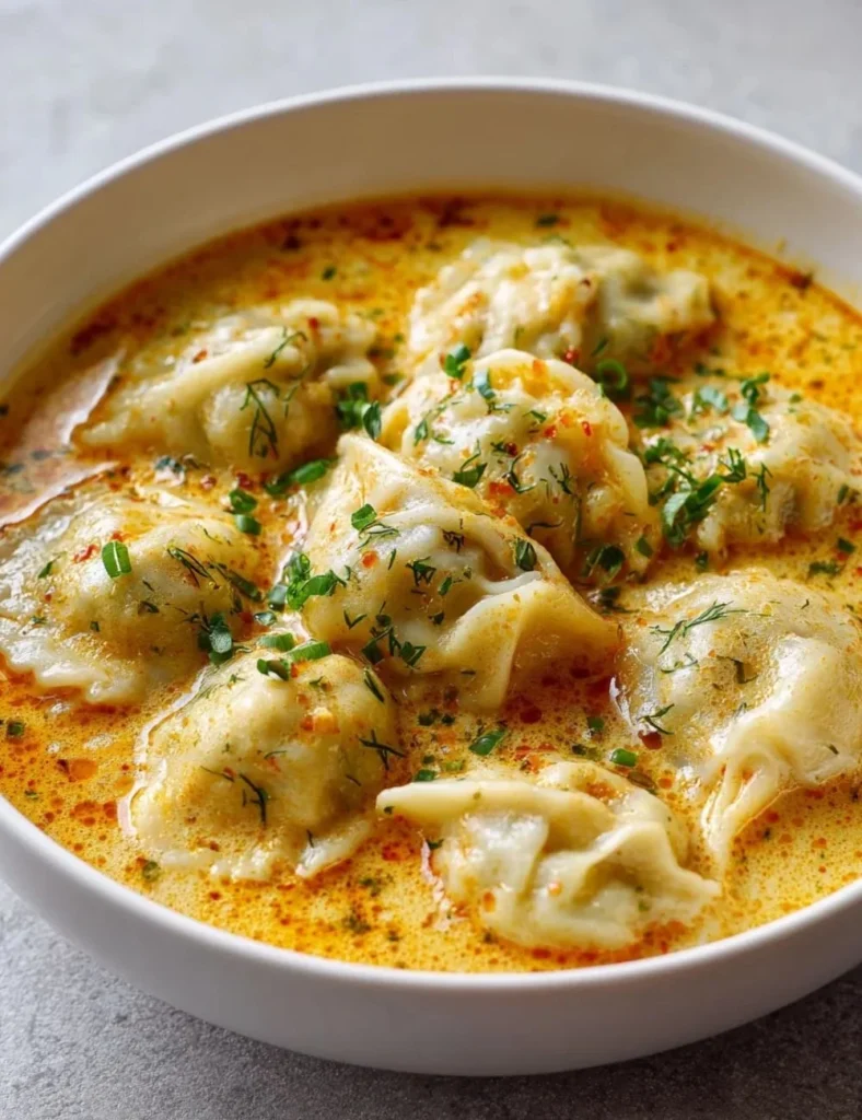 Bowl of Quick Creamy Coconut Curry Soup with dumplings for a comforting meal.