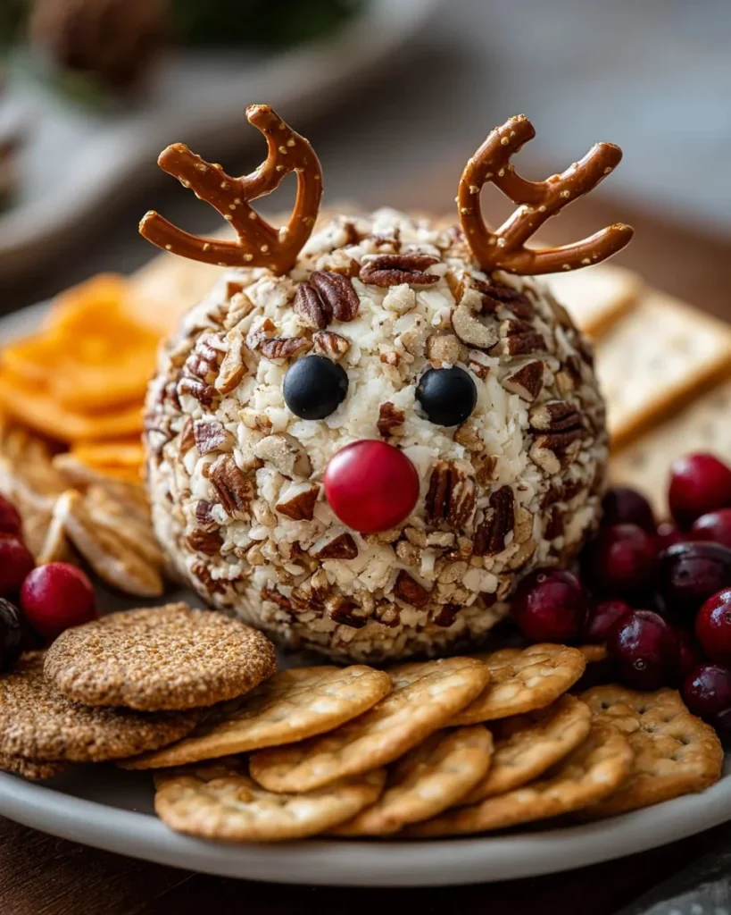 Festive Reindeer Cheese Ball displayed on a holiday platter