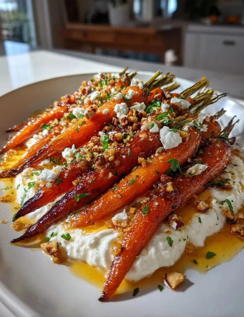 Plate of roasted carrots drizzled with hot honey and topped with whipped ricotta