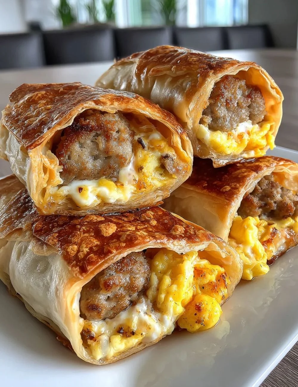 Delicious sausage egg breakfast roll ups served on a plate