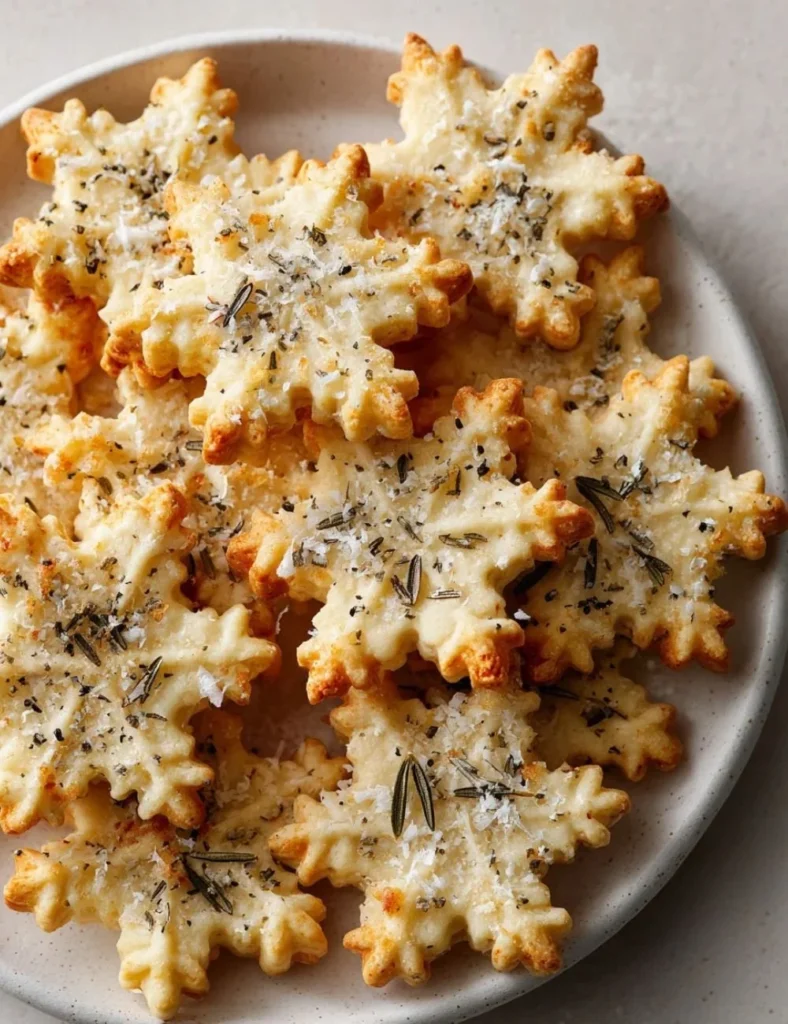 Savory Rosemary-Parmesan Snowflake Cookies on a festive platter