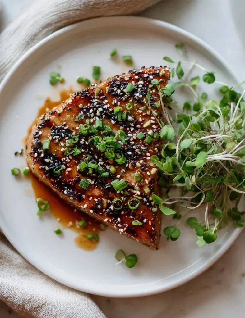 Sesame Gin Grilled Tuna Steaks on a plate garnished with herbs