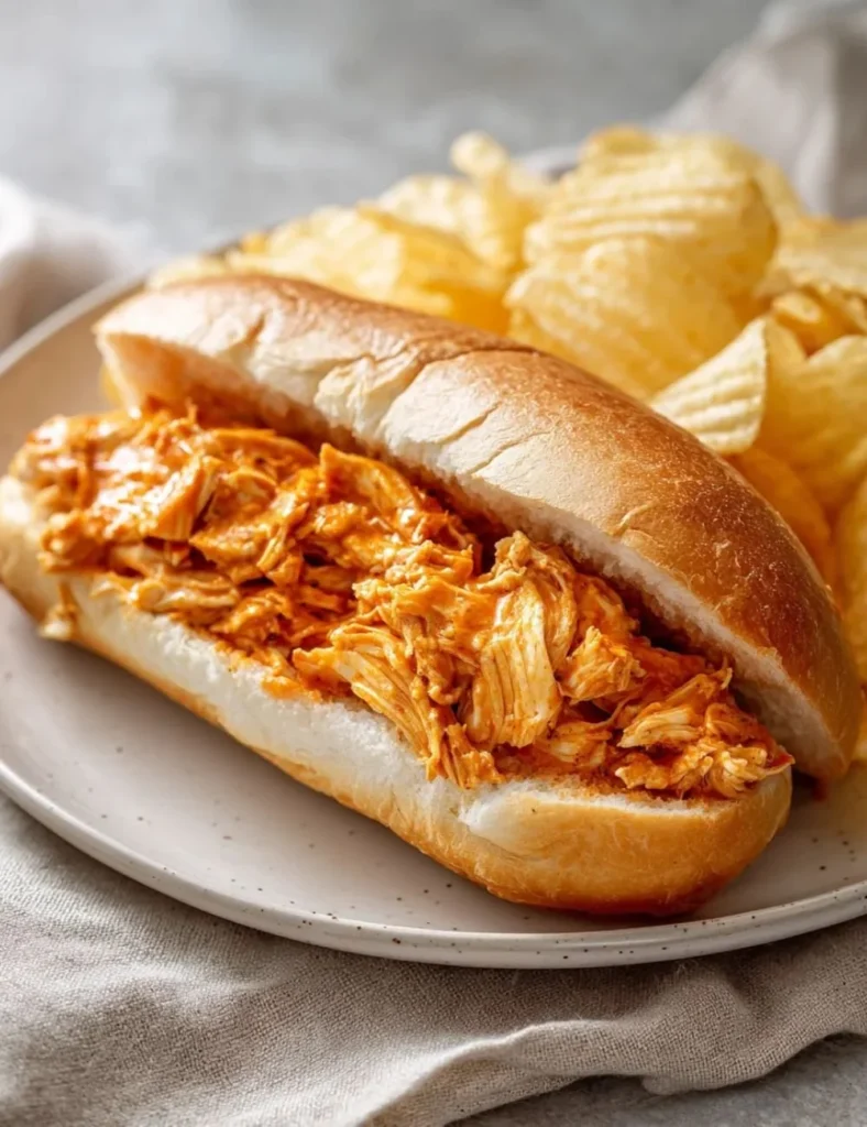 Slow Cooker Buffalo Chicken Sandwiches served on a plate with lettuce and blue cheese