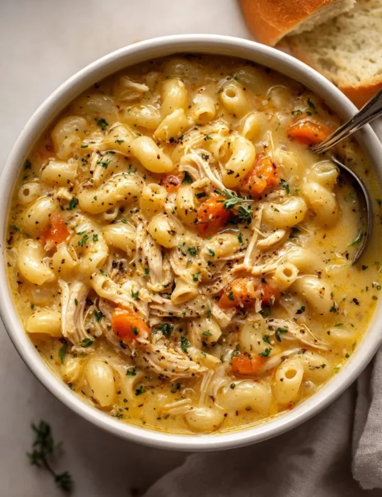 Creamy chicken macaroni cheese soup in a bowl with a sprinkle of herbs
