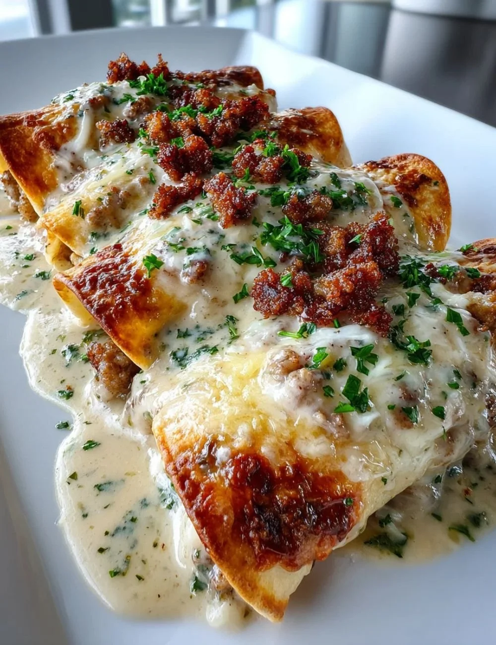 Southern breakfast enchiladas topped with rich beef gravy