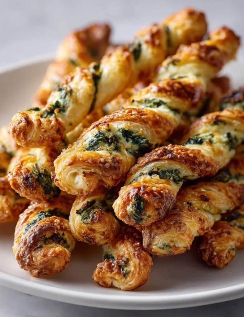 Delicious spinach feta puff pastry twists on a plate.