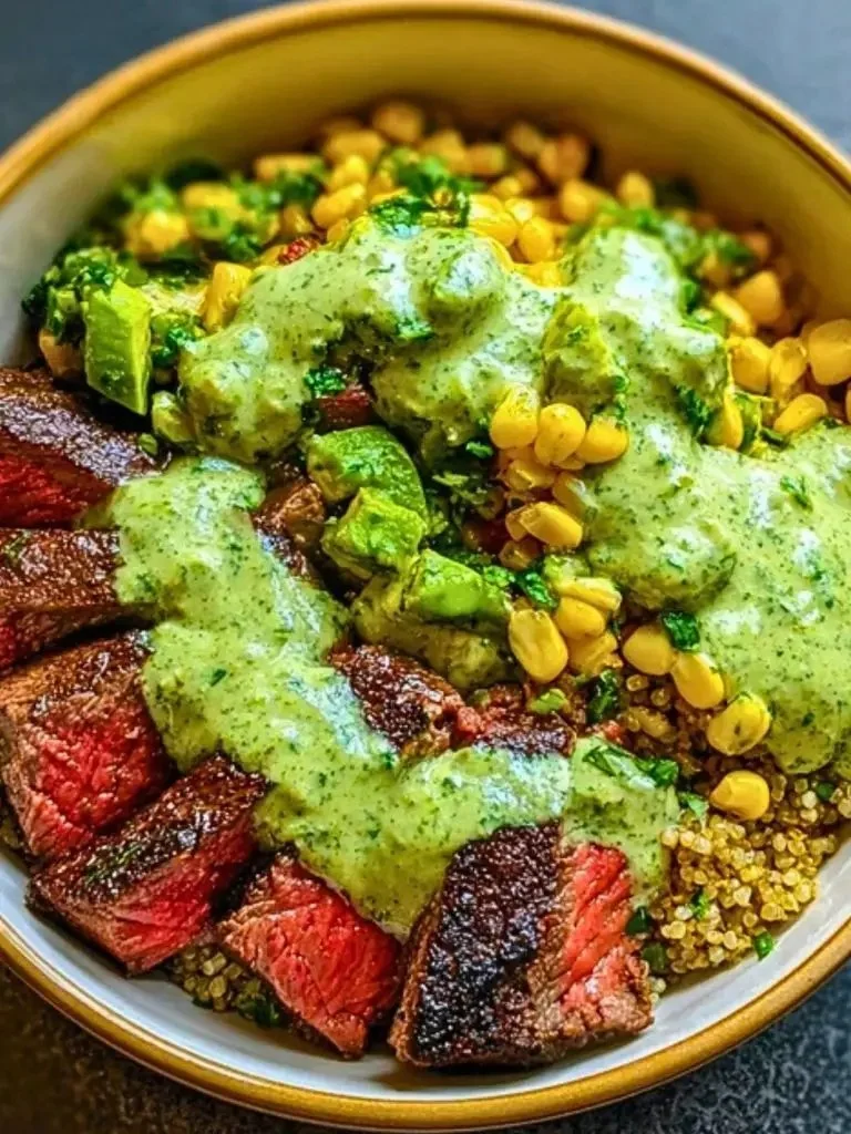 Steak Avocado Roasted Corn Bowl with Cilantro Cream Sauce served in a vibrant dish