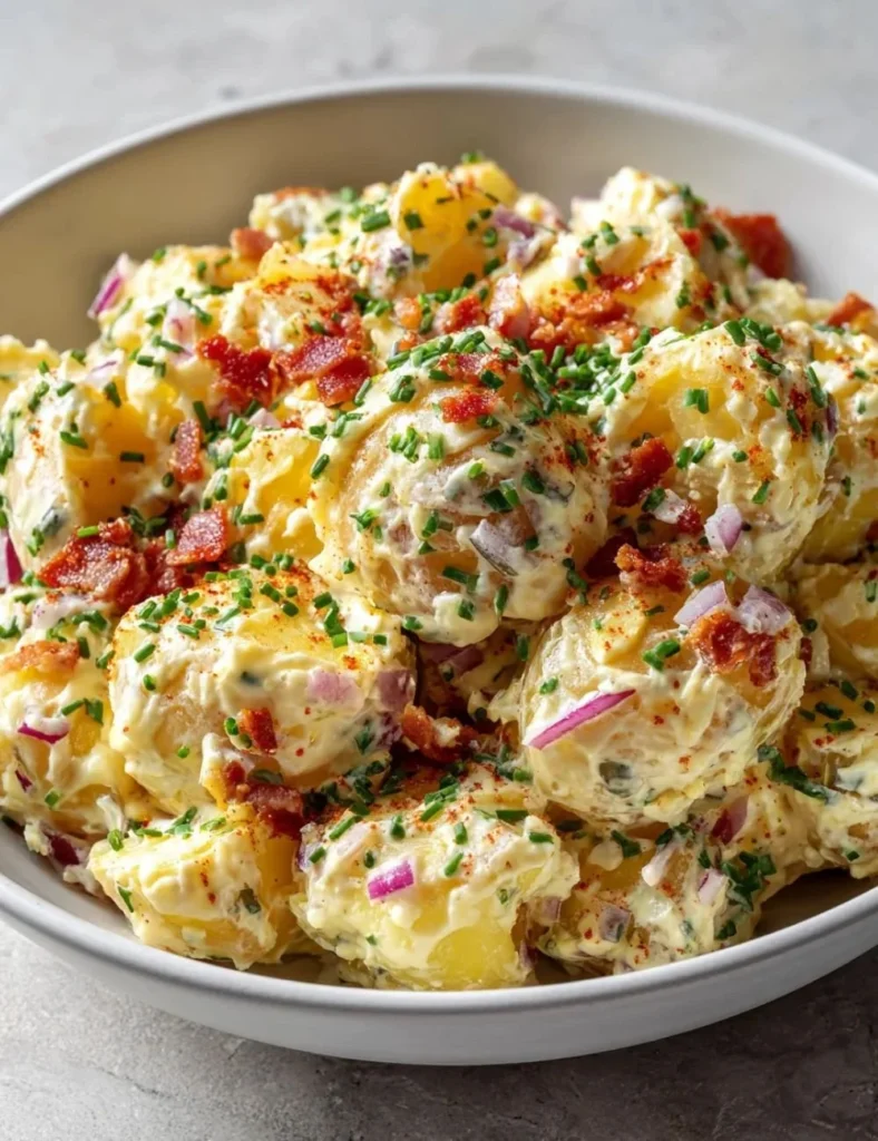 Delicious steakhouse potato salad served in a bowl.