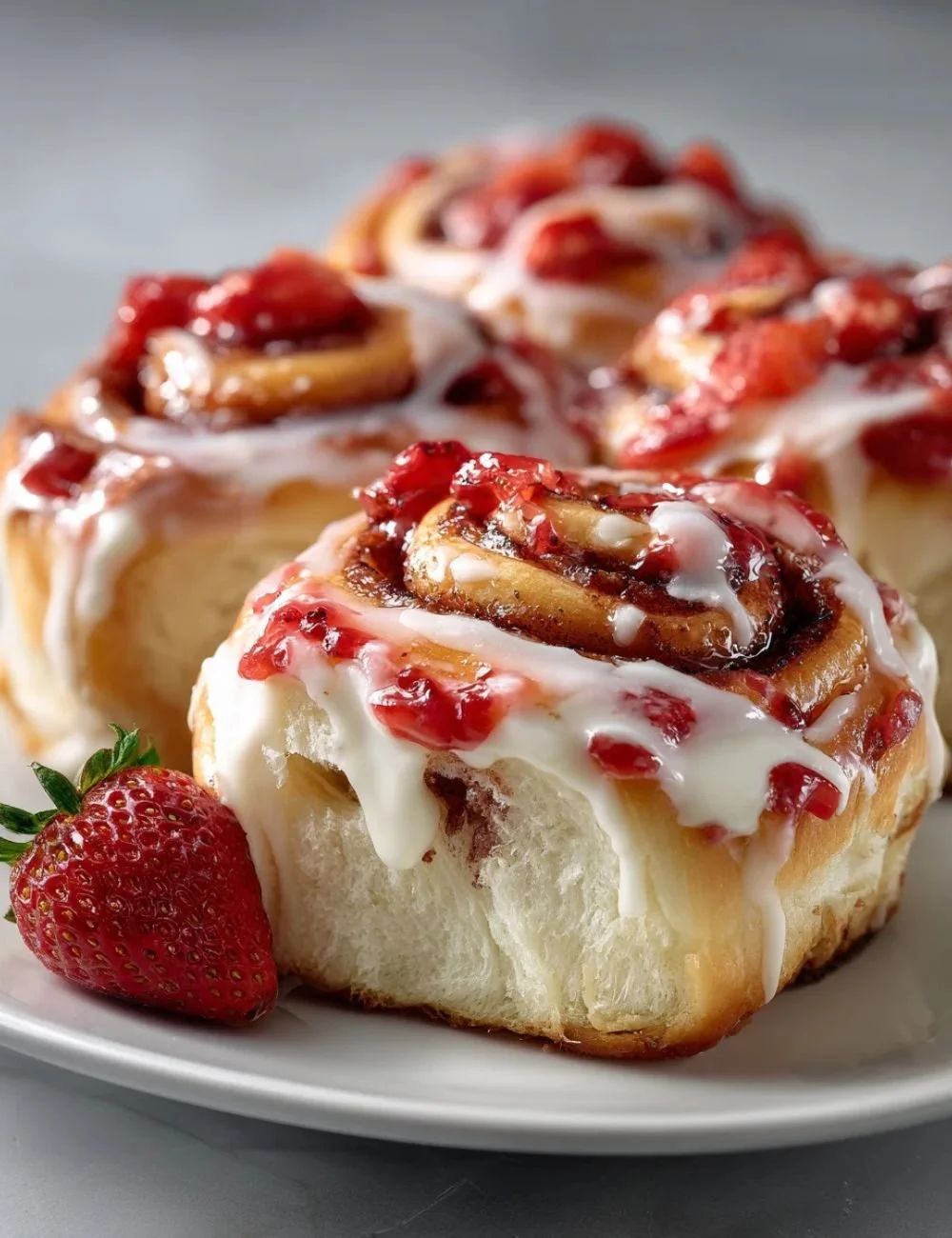 Strawberry Cheesecake Cinnabon Rolls topped with cream cheese icing and strawberries