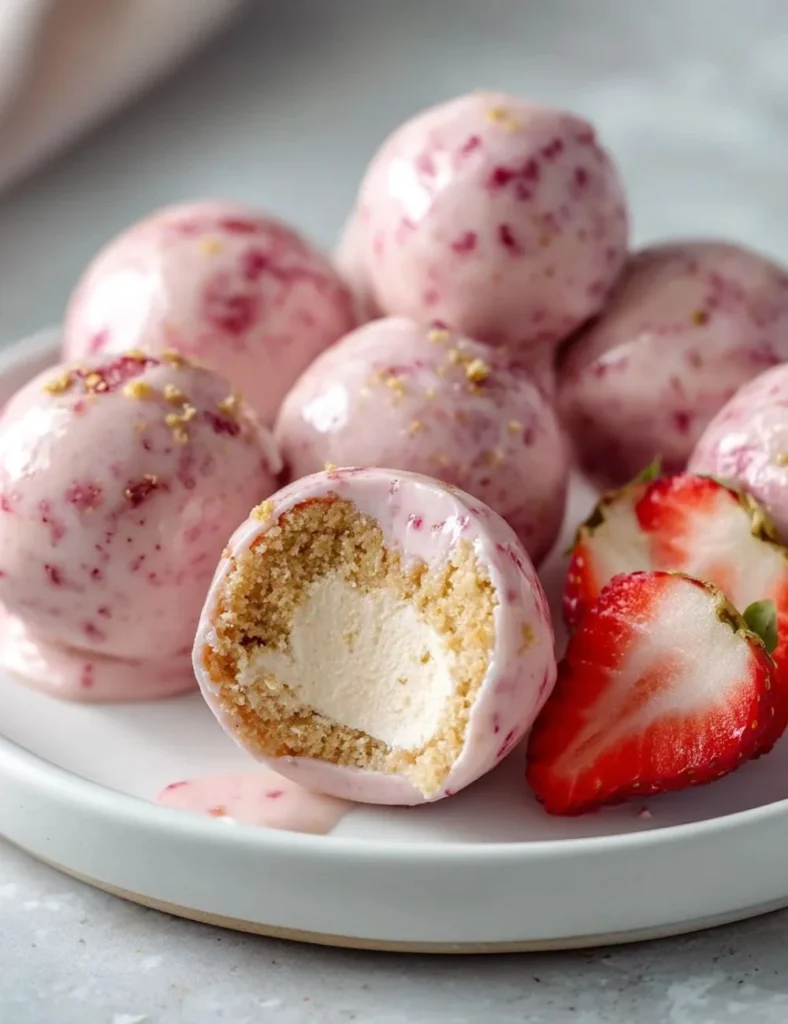 Strawberry cheesecake protein balls on a white plate with fresh strawberries