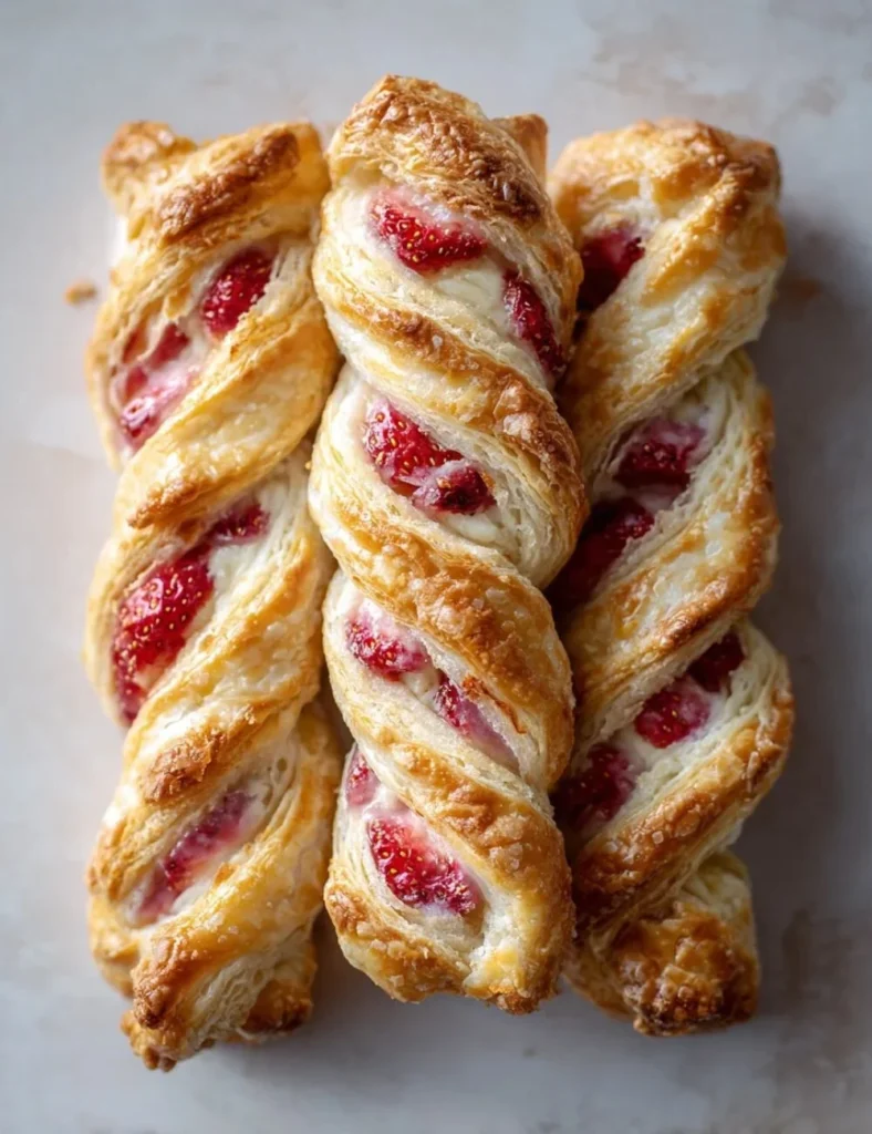Strawberry Cheesecake Puff Pastry Braids topped with fresh strawberries