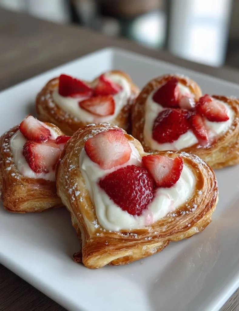 Heart-shaped Strawberry Cream Cheese Danishes on a plate