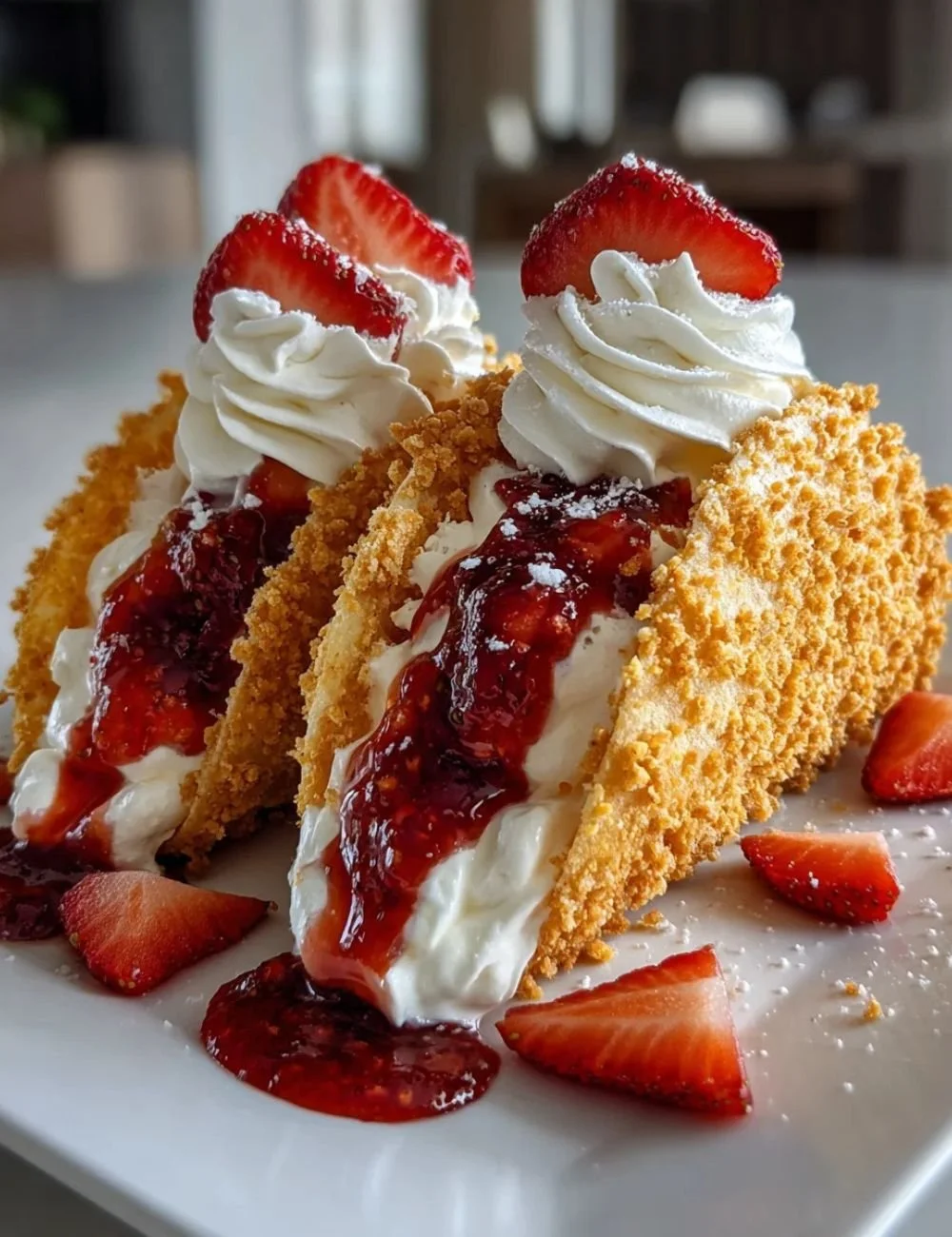 Strawberry crunch cheesecake tacos served on a plate with fresh strawberries.